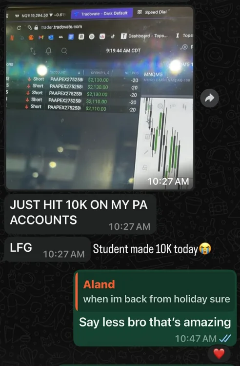 Student testimonial — hit $10K on PA accounts