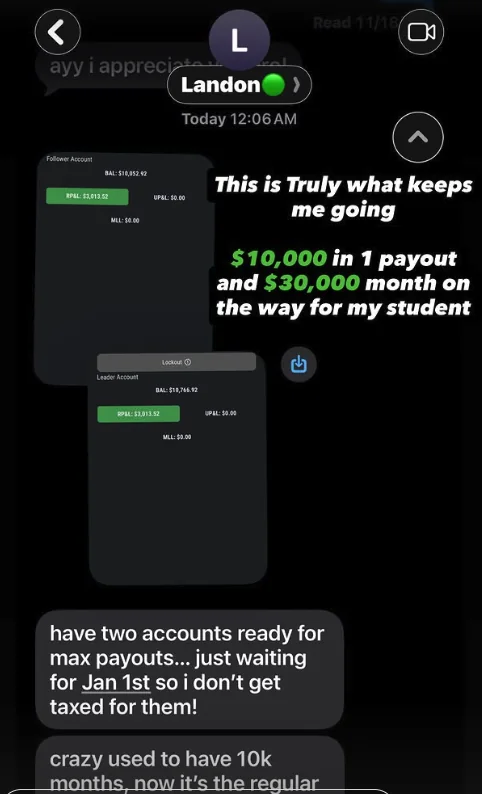 Student testimonial — $10,000 payout, two accounts