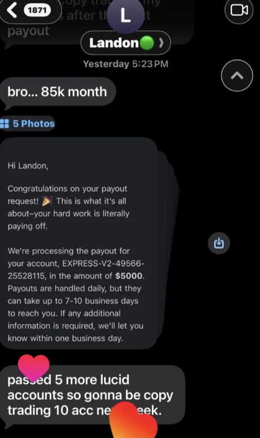 Landon: $85K month, passed 5 more accounts
