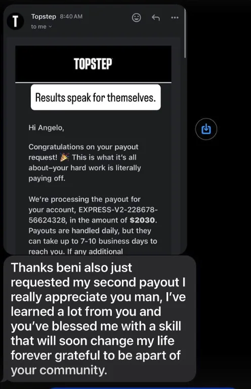 Student testimonial — payout thank you message